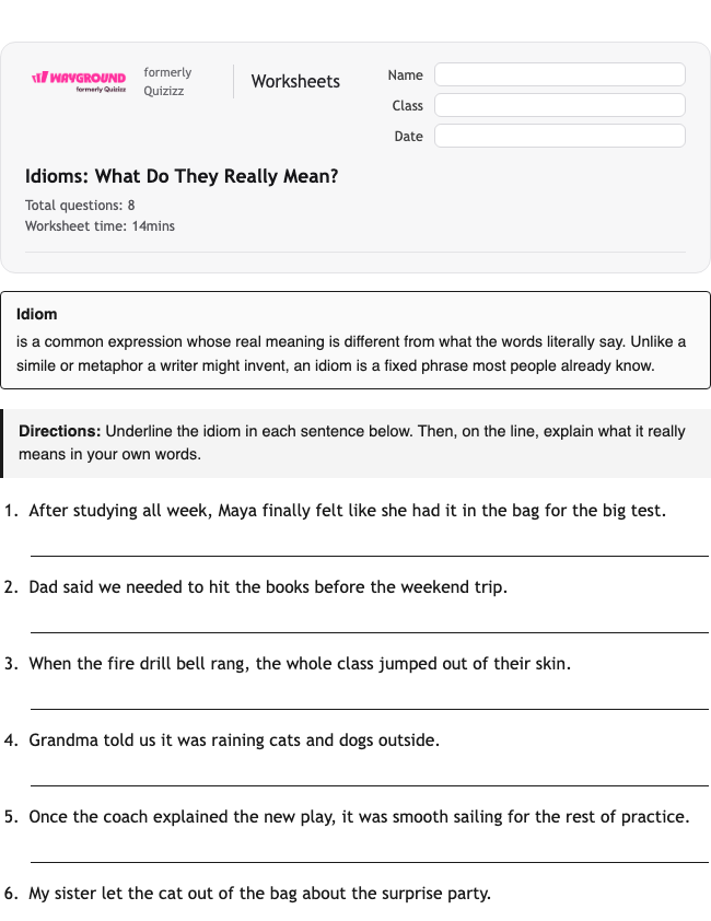Idioms: What Do They Really Mean? - Printable Figurative-language Worksheets Class 5 - Wayground