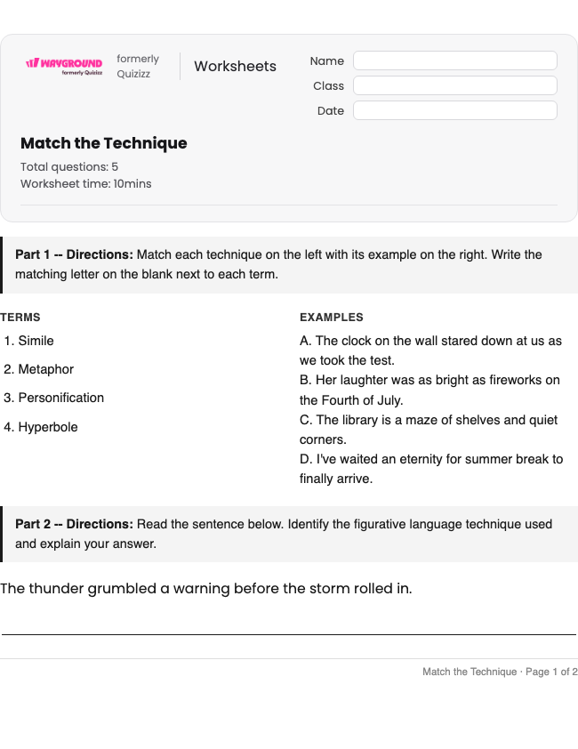 Match the Technique - Printable Figurative-language Worksheets Class 5 - Wayground