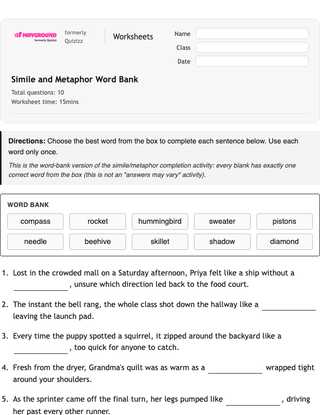 Simile and Metaphor Word Bank - Dapat dicetak Bahasa-figuratif Lembar-kerja Kelas 6 - Wayground
