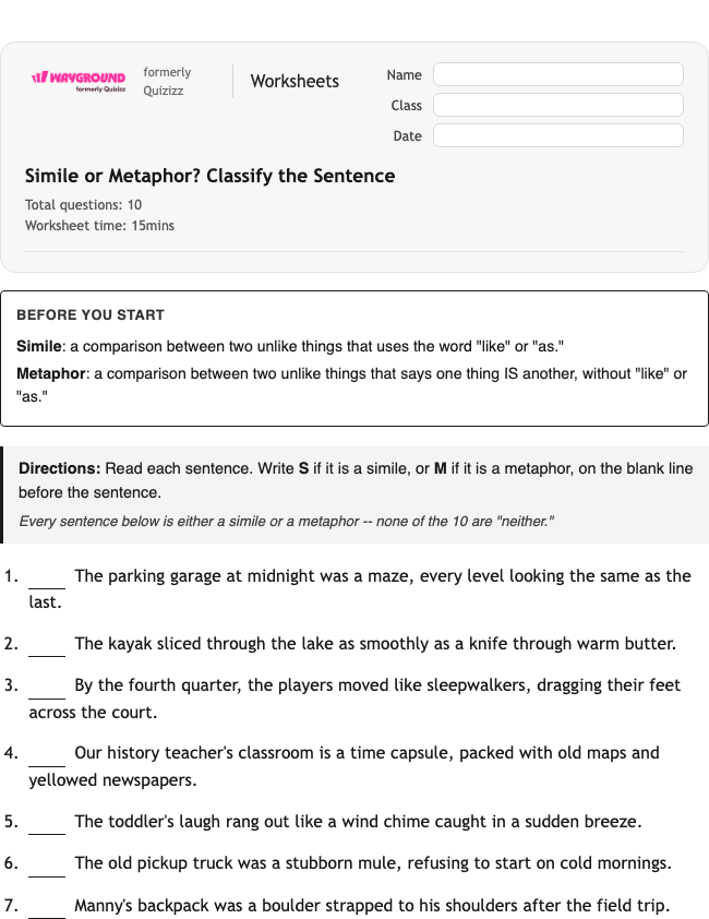 Simile or Metaphor? Classify the Sentence - Dapat dicetak Bahasa-figuratif Lembar-kerja Kelas 6 - Wayground