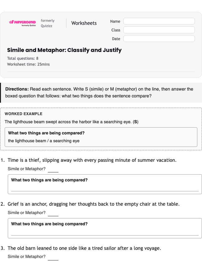 Simile and Metaphor: Classify and Justify - Dapat dicetak Bahasa-figuratif Lembar-kerja Kelas 6 - Wayground