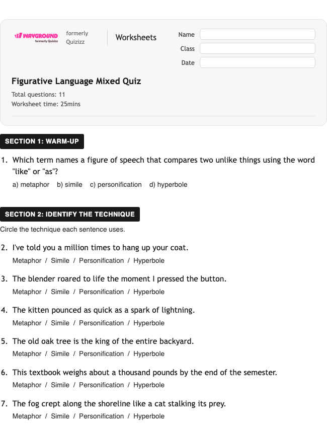 Figurative Language Mixed Quiz - Dapat dicetak Bahasa-figuratif Lembar-kerja Kelas 6 - Wayground
