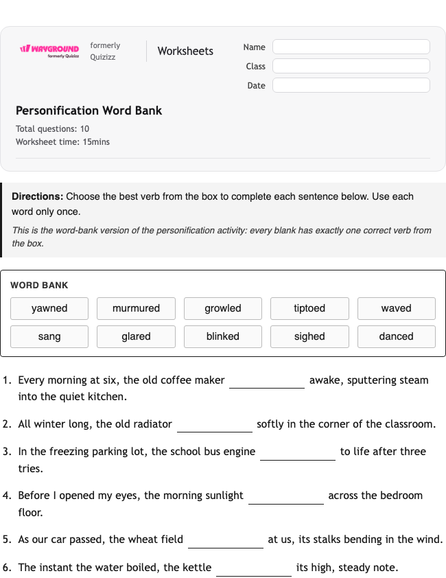 Personification Word Bank - Dapat dicetak Bahasa-figuratif Lembar-kerja Kelas 6 - Wayground