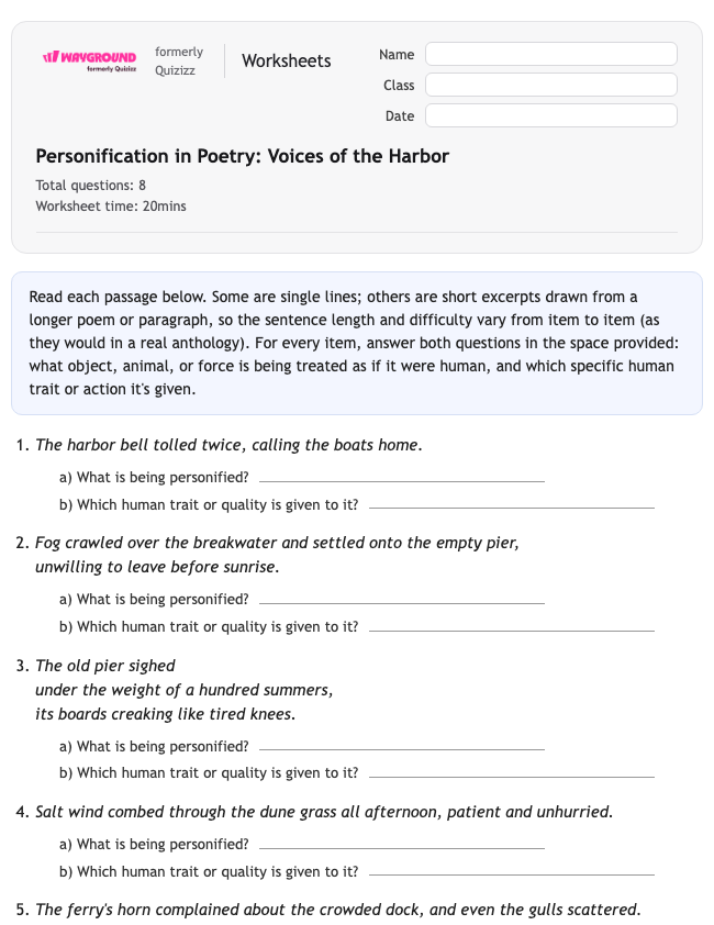 Personification in Poetry: Voices of the Harbor - Dapat dicetak Bahasa-figuratif Lembar-kerja Kelas 6 - Wayground