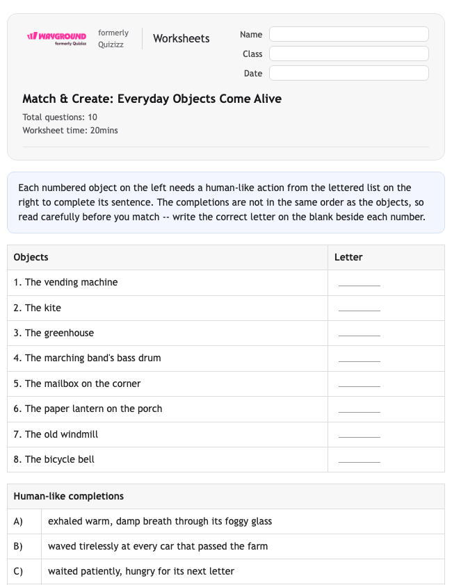 Match & Create: Everyday Objects Come Alive - Dapat dicetak Bahasa-figuratif Lembar-kerja Kelas 6 - Wayground