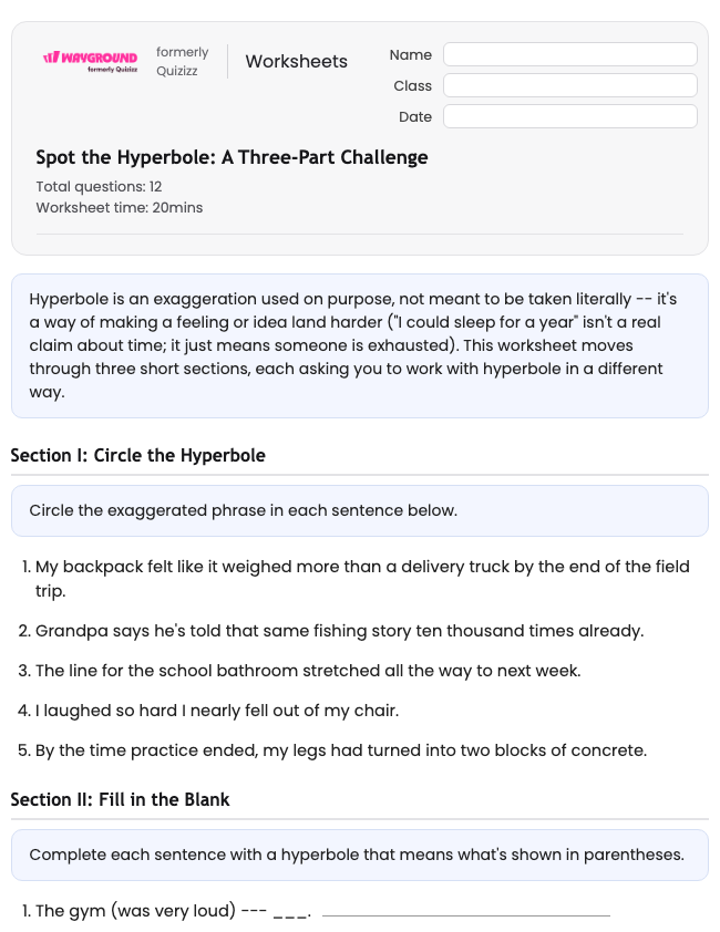 Spot the Hyperbole: A Three-Part Challenge - Dapat dicetak Bahasa-figuratif Lembar-kerja Kelas 6 - Wayground