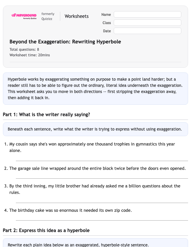 Beyond the Exaggeration: Rewriting Hyperbole - Dapat dicetak Bahasa-figuratif Lembar-kerja Kelas 6 - Wayground