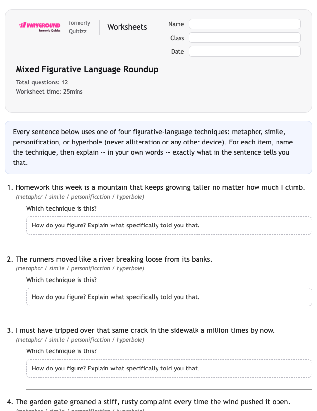 Mixed Figurative Language Roundup - Dapat dicetak Bahasa-figuratif Lembar-kerja Kelas 6 - Wayground