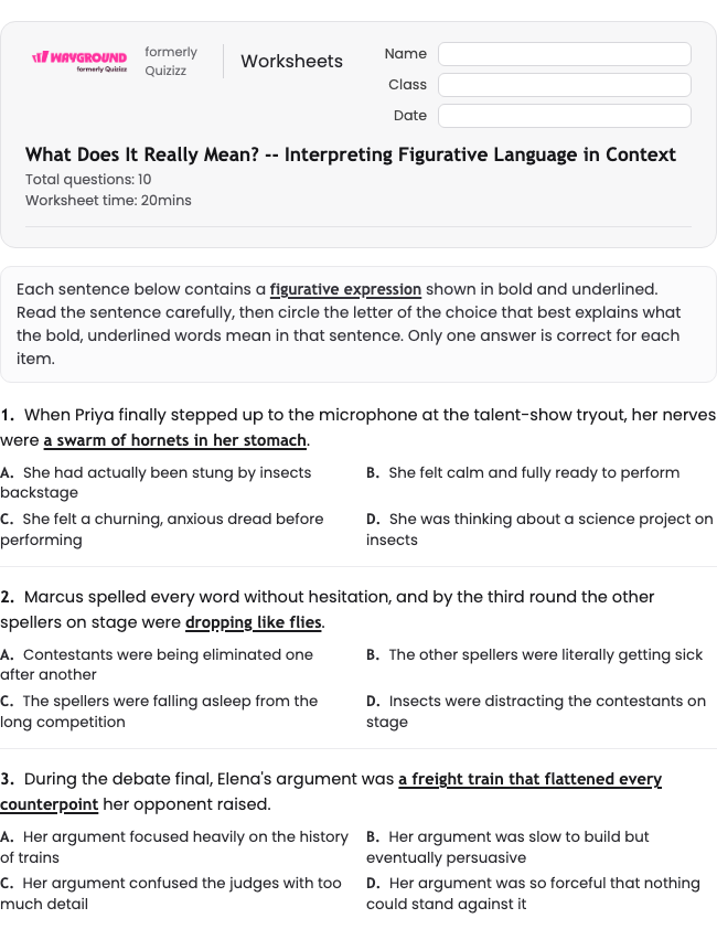 What Does It Really Mean? -- Interpreting Figurative Language in Context - Printable Figurative-language Worksheets Grade 7 - Wayground