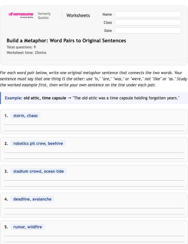 Build a Metaphor: Word Pairs to Original Sentences - Printable Figurative-language Worksheets Grade 7 - Wayground