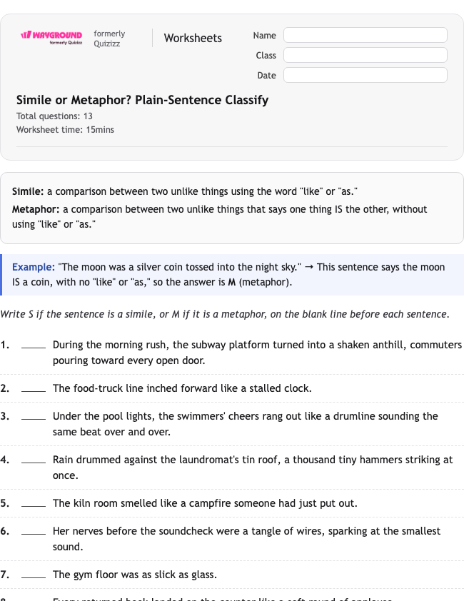 Simile or Metaphor? Plain-Sentence Classify - Printable Figurative-language Worksheets Grade 7 - Wayground