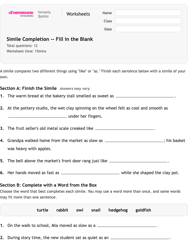 Simile Completion -- Fill in the Blank - Printable Figurative-language Worksheets Grade 7 - Wayground