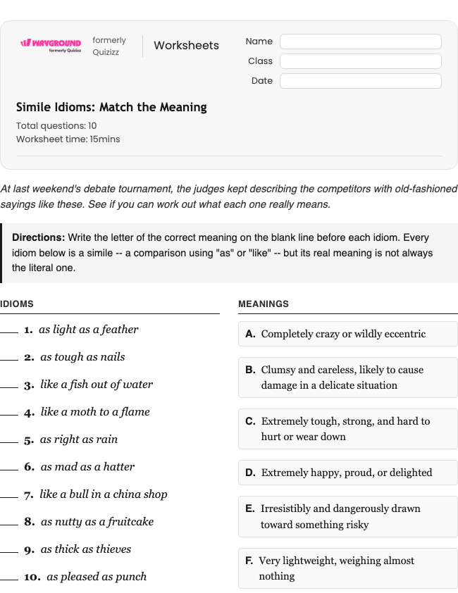 Simile Idioms: Match the Meaning - Printable Figurative-language Worksheets Grade 7 - Wayground