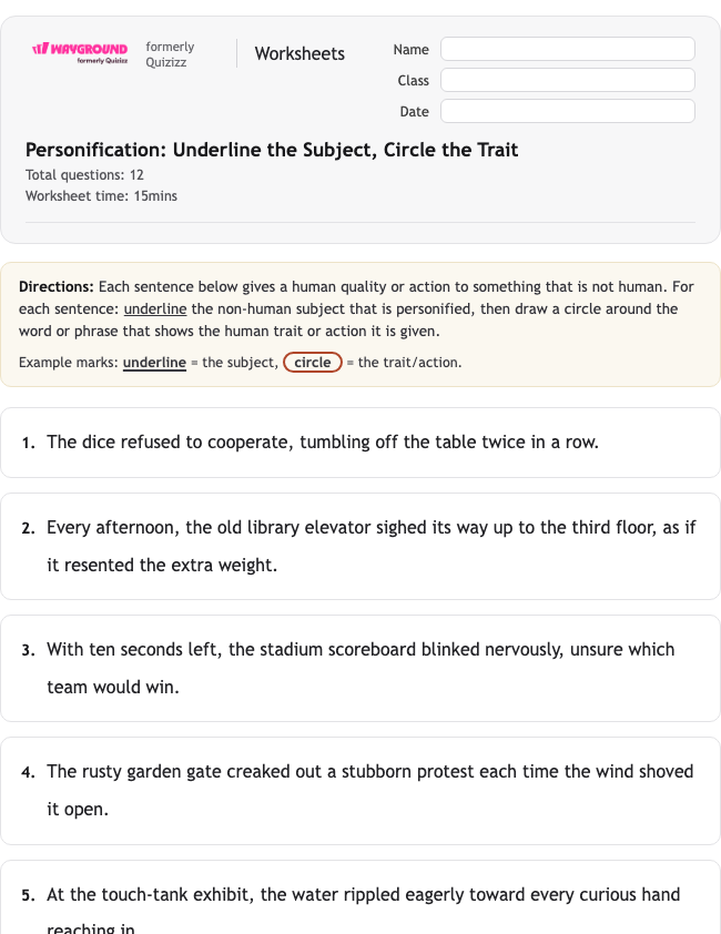 Personification: Underline the Subject, Circle the Trait - Printable Figurative-language Worksheets Grade 7 - Wayground