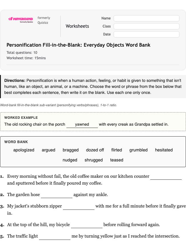 Personification Fill-in-the-Blank: Everyday Objects Word Bank - Printable Figurative-language Worksheets Grade 7 - Wayground