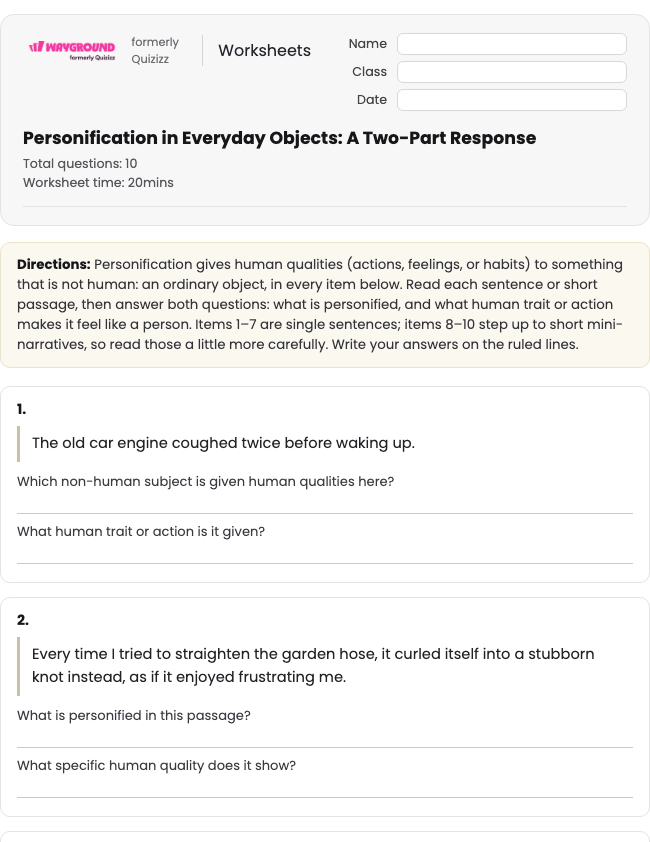 Personification in Everyday Objects: A Two-Part Response - Printable Figurative-language Worksheets Grade 7 - Wayground