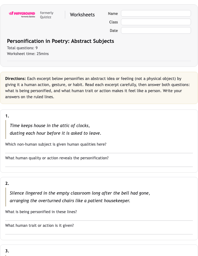 Personification in Poetry: Abstract Subjects - Printable Figurative-language Worksheets Grade 7 - Wayground