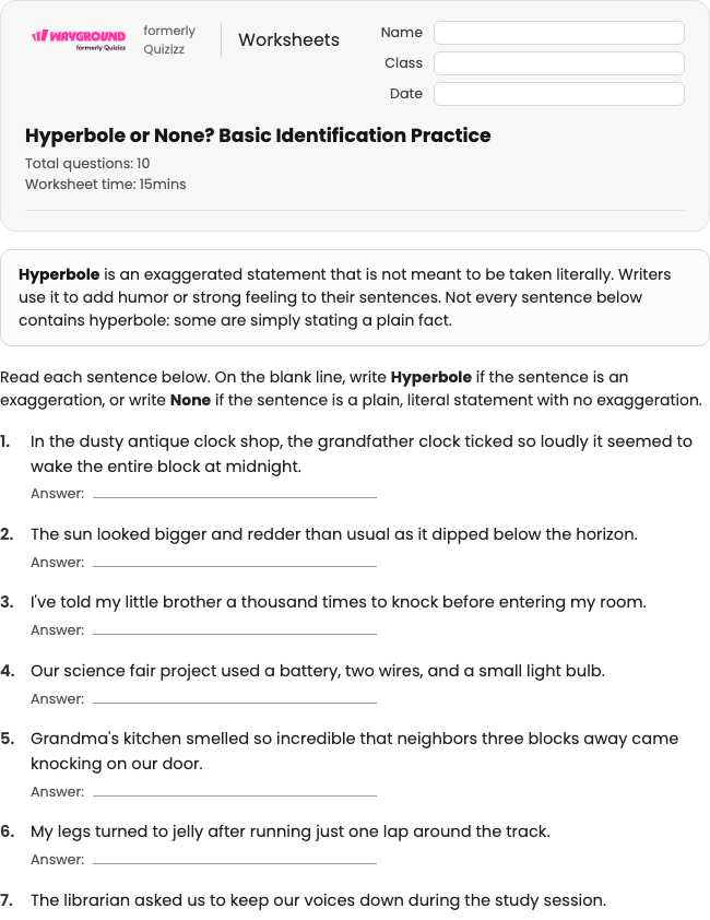 Hyperbole or None? Basic Identification Practice - Printable Figurative-language Worksheets Grade 7 - Wayground