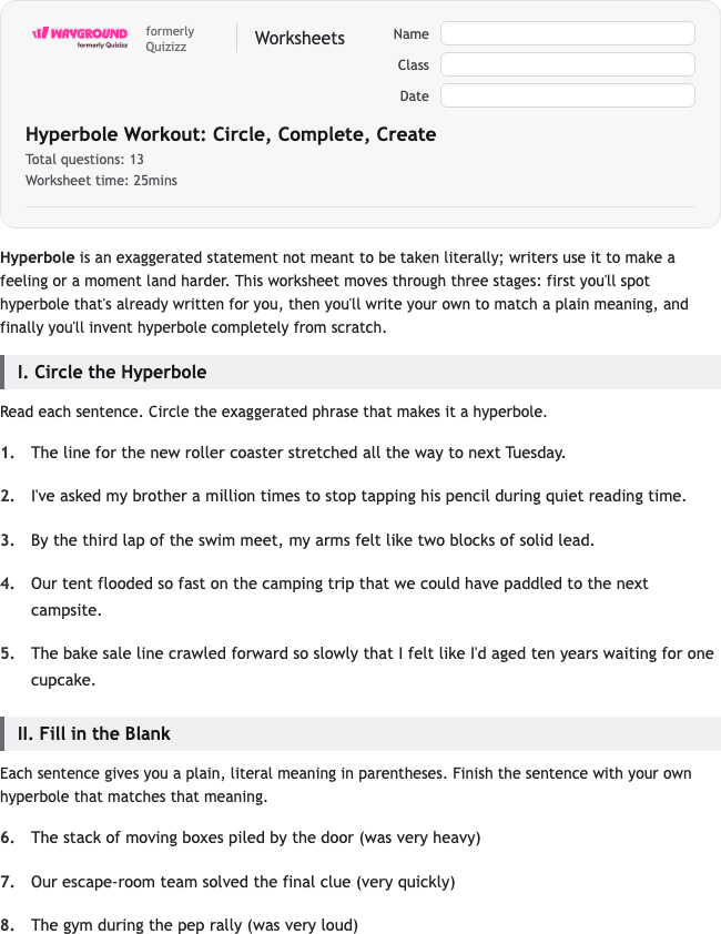 Hyperbole Workout: Circle, Complete, Create - Printable Figurative-language Worksheets Grade 7 - Wayground