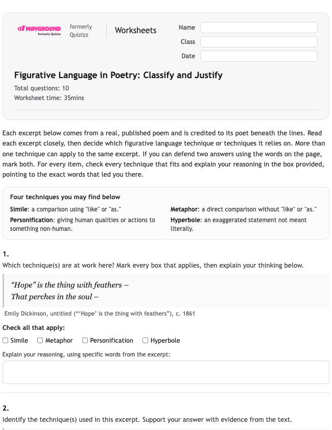 Figurative Language in Poetry: Classify and Justify - Printable Figurative-language Worksheets Grade 7 - Wayground
