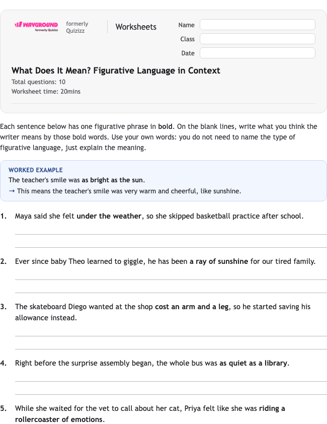 What Does It Mean? Figurative Language in Context - Printable Figurative-language Worksheets Grade 7 - Wayground