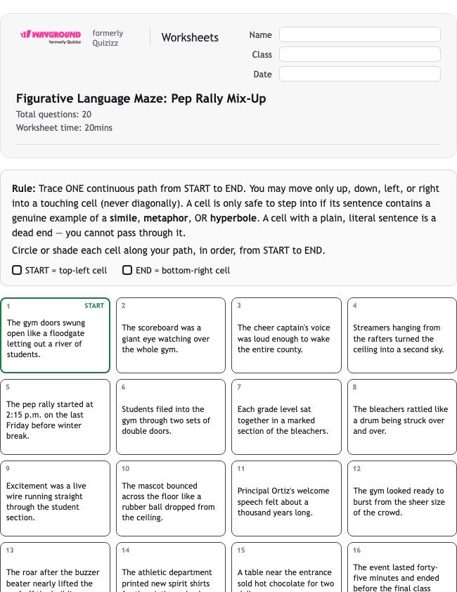 Figurative Language Maze: Pep Rally Mix-Up - Printable Figurative-language Worksheets Class 8 - Wayground