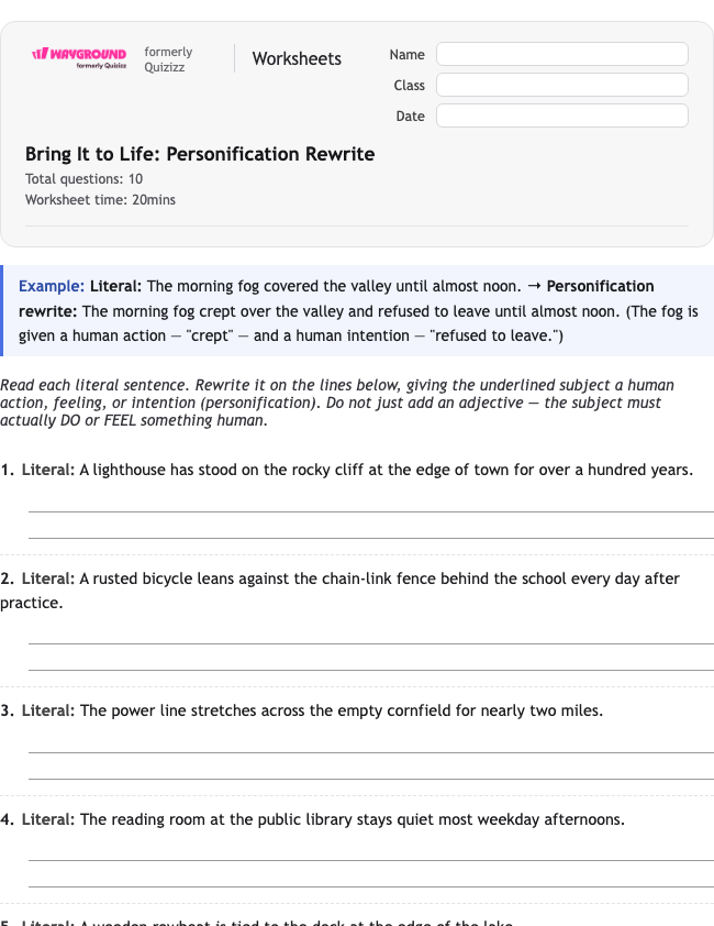 Bring It to Life: Personification Rewrite - Printable Figurative-language Worksheets Class 8 - Wayground