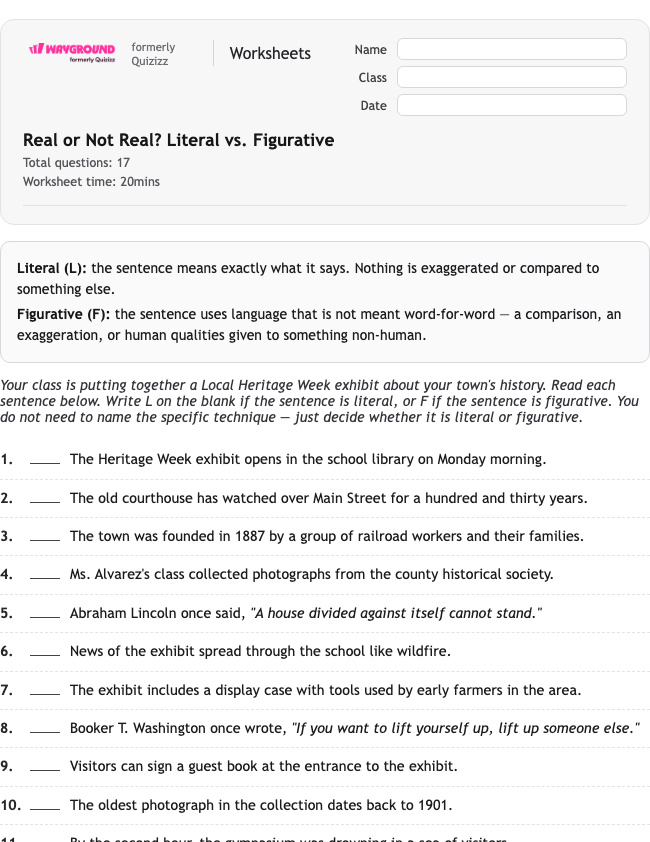 Real or Not Real? Literal vs. Figurative - Printable Figurative-language Worksheets Class 8 - Wayground