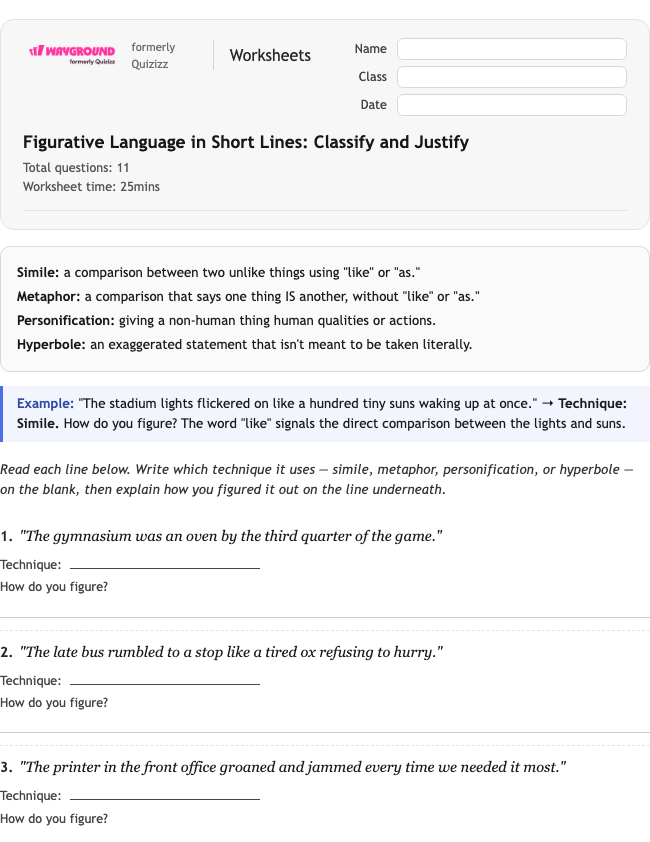 Figurative Language in Short Lines: Classify and Justify - Printable Figurative-language Worksheets Class 8 - Wayground
