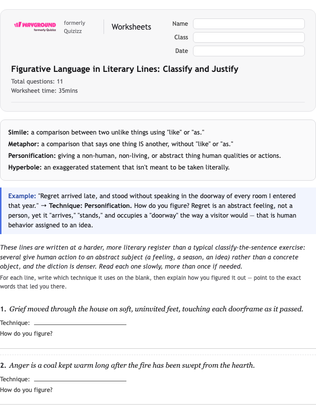 Figurative Language in Literary Lines: Classify and Justify - Printable Figurative-language Worksheets Class 8 - Wayground