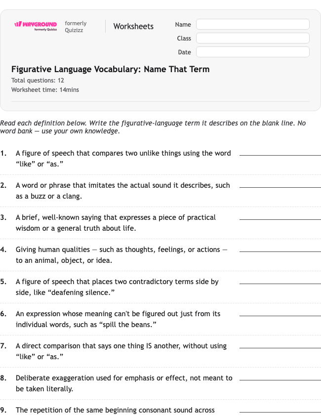 Figurative Language Vocabulary: Name That Term - Printable Figurative-language Worksheets Class 8 - Wayground
