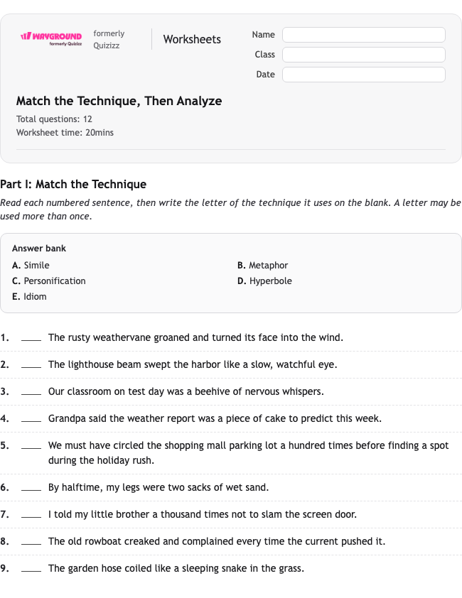 Match the Technique, Then Analyze - Printable Figurative-language Worksheets Class 8 - Wayground