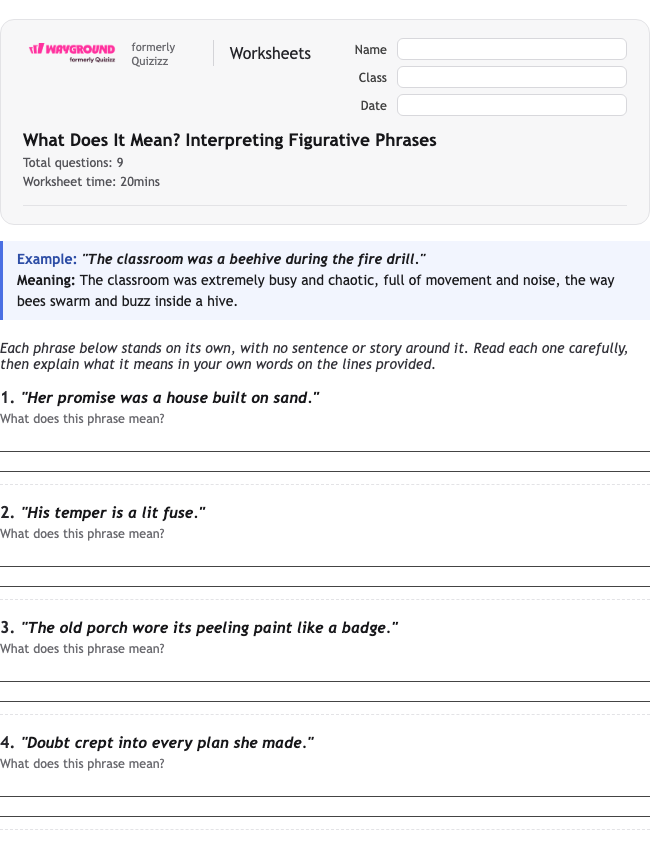 What Does It Mean? Interpreting Figurative Phrases - Printable Figurative-language Worksheets Class 8 - Wayground