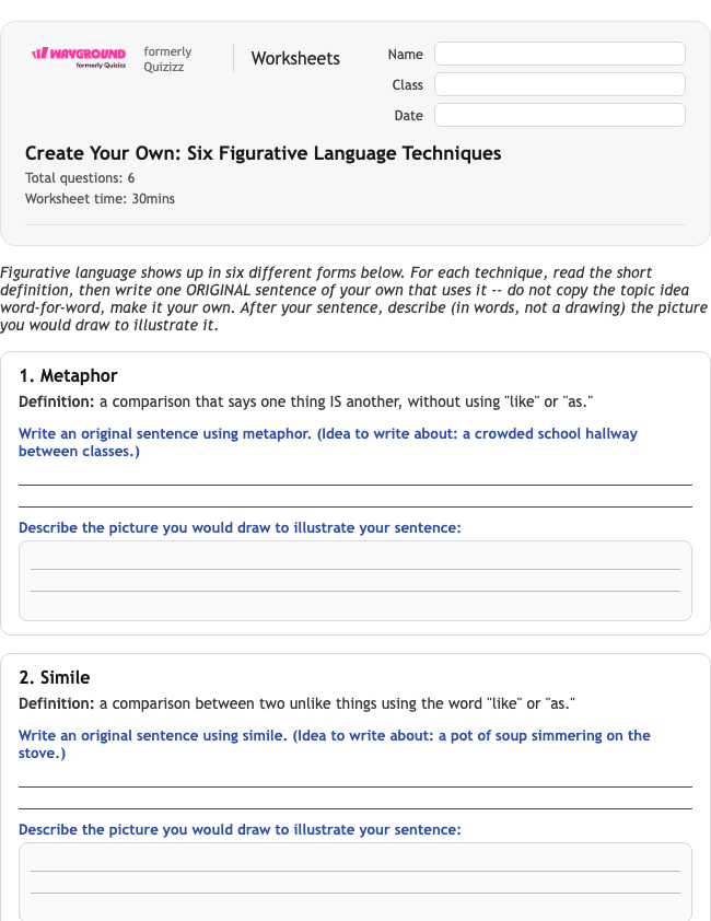 Create Your Own: Six Figurative Language Techniques - Printable Figurative-language Worksheets Class 8 - Wayground
