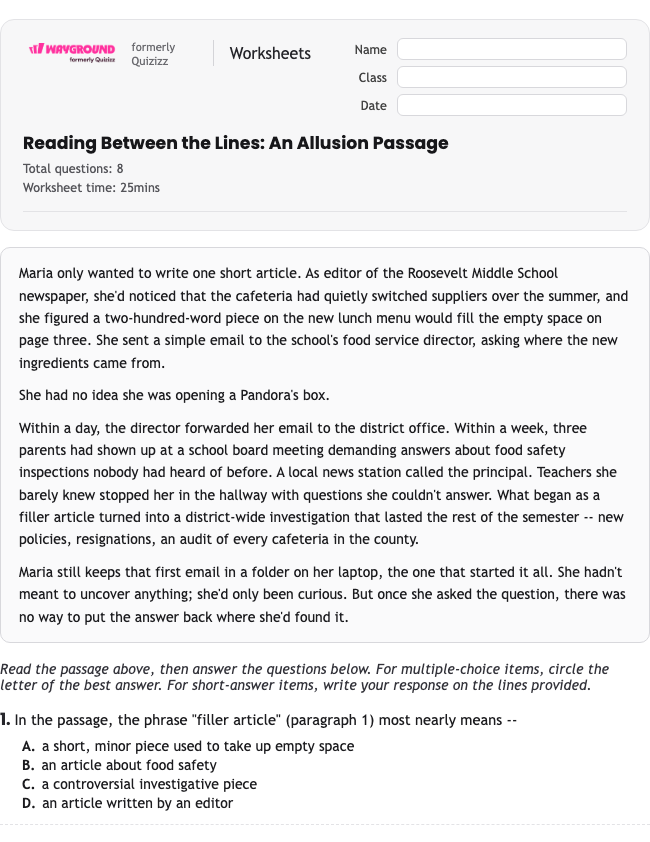 Reading Between the Lines: An Allusion Passage - Printable Figurative-language Worksheets Class 8 - Wayground