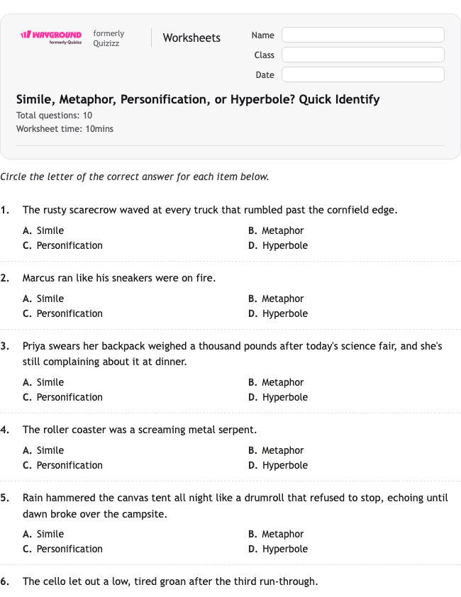 Simile, Metaphor, Personification, or Hyperbole? Quick Identify - Printable Figurative-language Worksheets Class 8 - Wayground