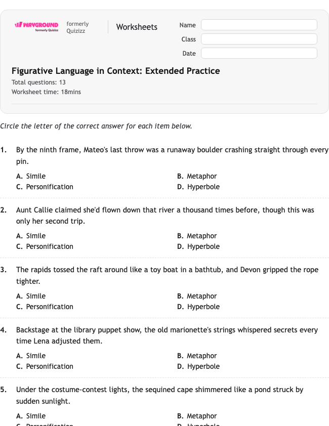 Figurative Language in Context: Extended Practice - Printable Figurative-language Worksheets Class 8 - Wayground