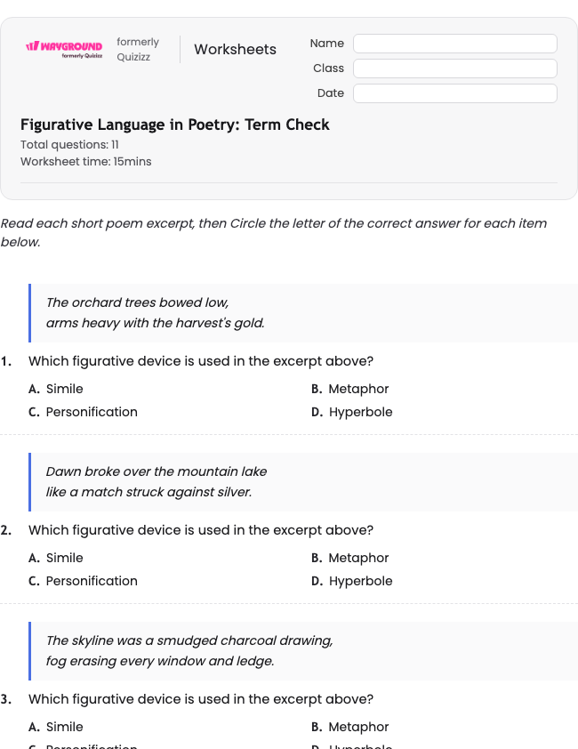 Figurative Language in Poetry: Term Check - Printable Figurative-language Worksheets Class 8 - Wayground