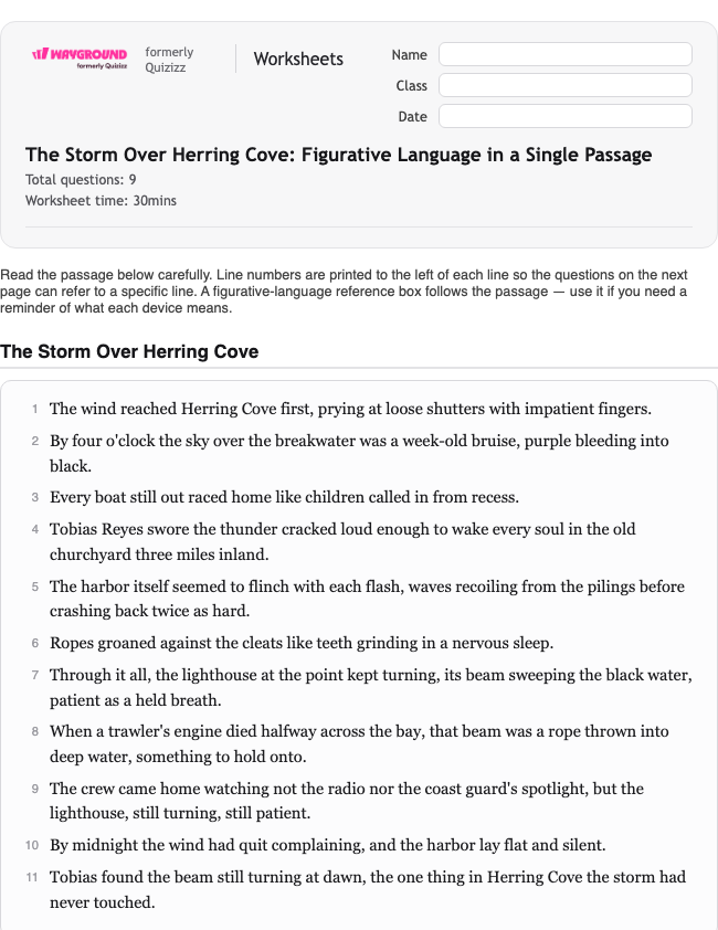 The Storm Over Herring Cove: Figurative Language in a Single Passage - Printable Figurative-language Worksheets Class 9 - Wayground