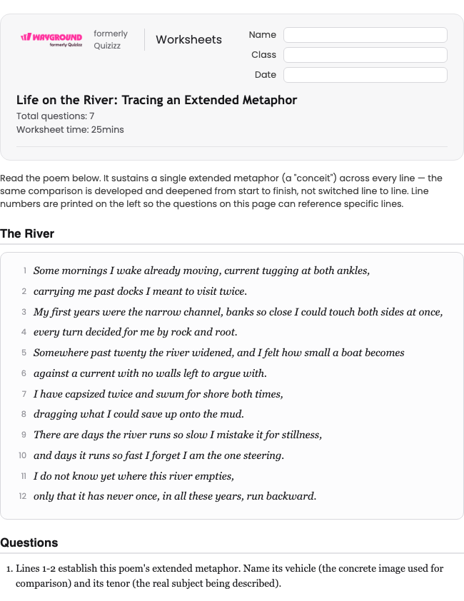 Life on the River: Tracing an Extended Metaphor - Printable Figurative-language Worksheets Class 9 - Wayground