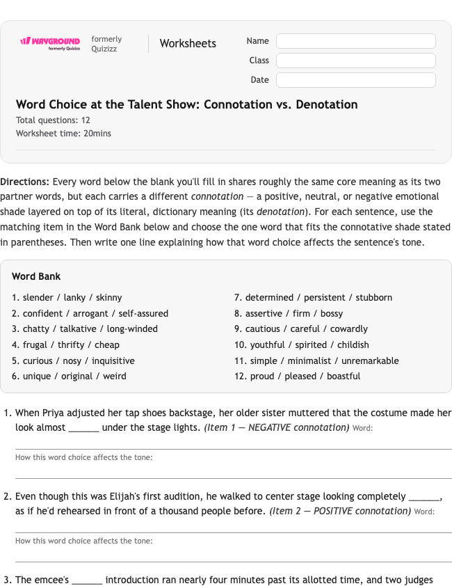 Word Choice at the Talent Show: Connotation vs. Denotation - Printable Figurative-language Worksheets Class 9 - Wayground