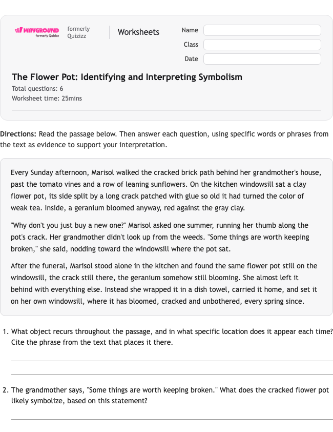 The Flower Pot: Identifying and Interpreting Symbolism - Printable Figurative-language Worksheets Class 9 - Wayground