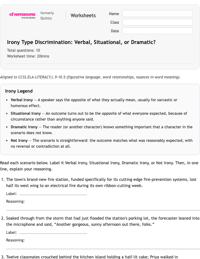 Irony Type Discrimination: Verbal, Situational, or Dramatic? - Printable Figurative-language Worksheets Class 9 - Wayground