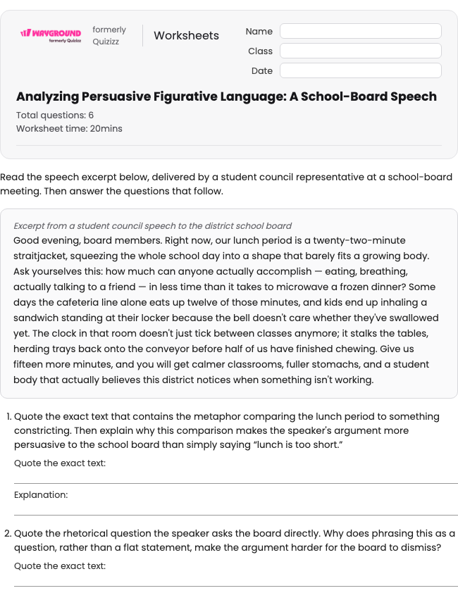 Analyzing Persuasive Figurative Language: A School-Board Speech - Printable Figurative-language Worksheets Class 9 - Wayground
