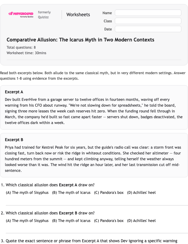 Comparative Allusion: The Icarus Myth in Two Modern Contexts - Printable Figurative-language Worksheets Class 9 - Wayground