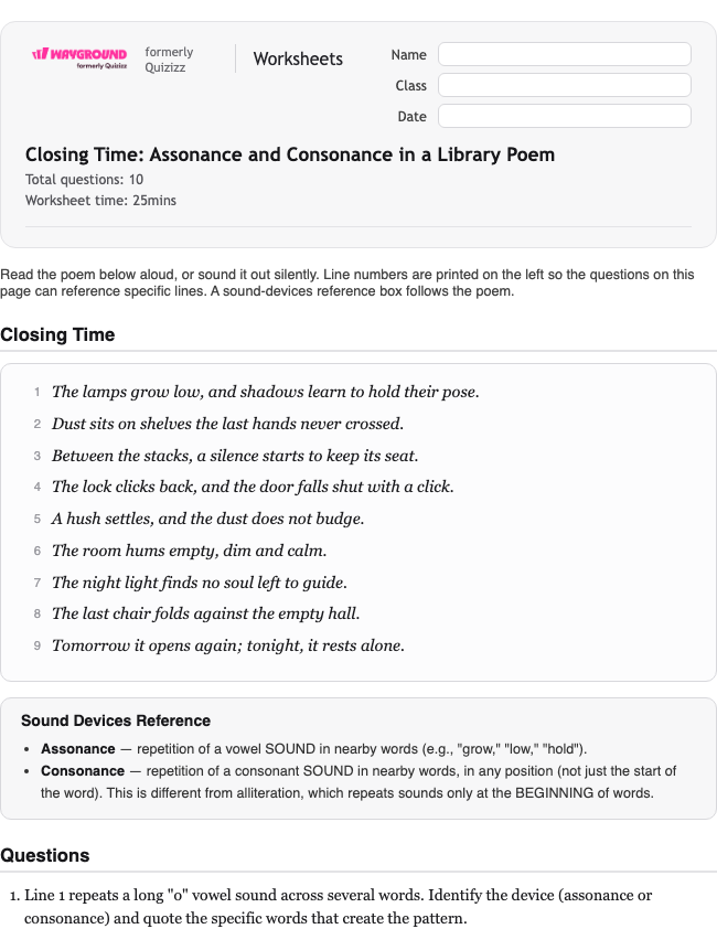 Closing Time: Assonance and Consonance in a Library Poem - Printable Figurative-language Worksheets Class 9 - Wayground
