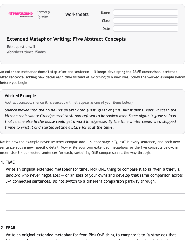 Extended Metaphor Writing: Five Abstract Concepts - Printable Figurative-language Worksheets Class 9 - Wayground