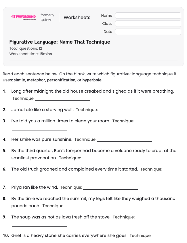 Figurative Language: Name That Technique - Dapat dicetak Bahasa-figuratif Lembar-kerja - Wayground