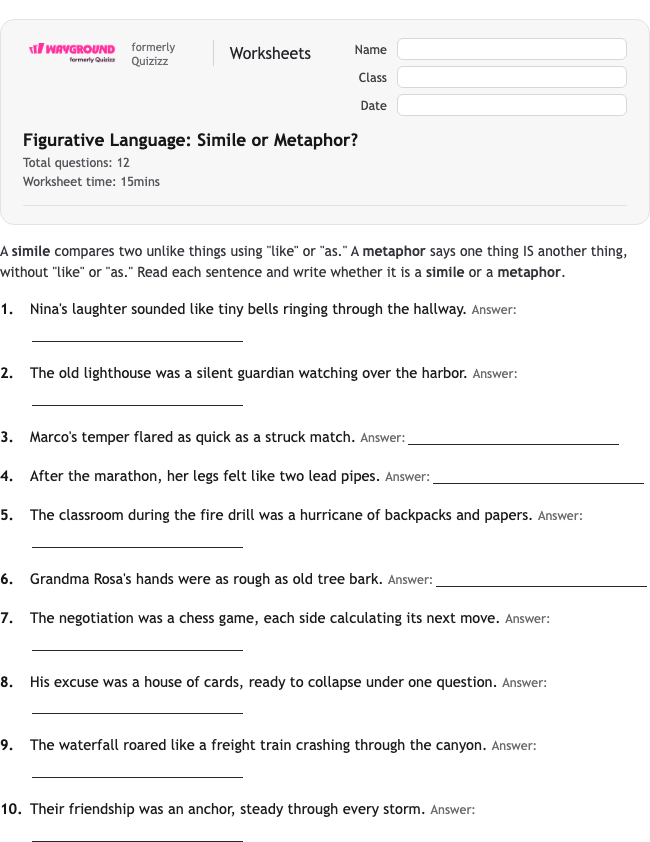 Figurative Language: Simile or Metaphor? - Dapat dicetak Bahasa-figuratif Lembar-kerja - Wayground