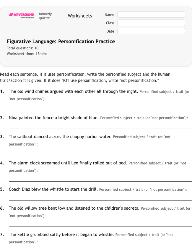 Figurative Language: Personification Practice - Dapat dicetak Bahasa-figuratif Lembar-kerja - Wayground